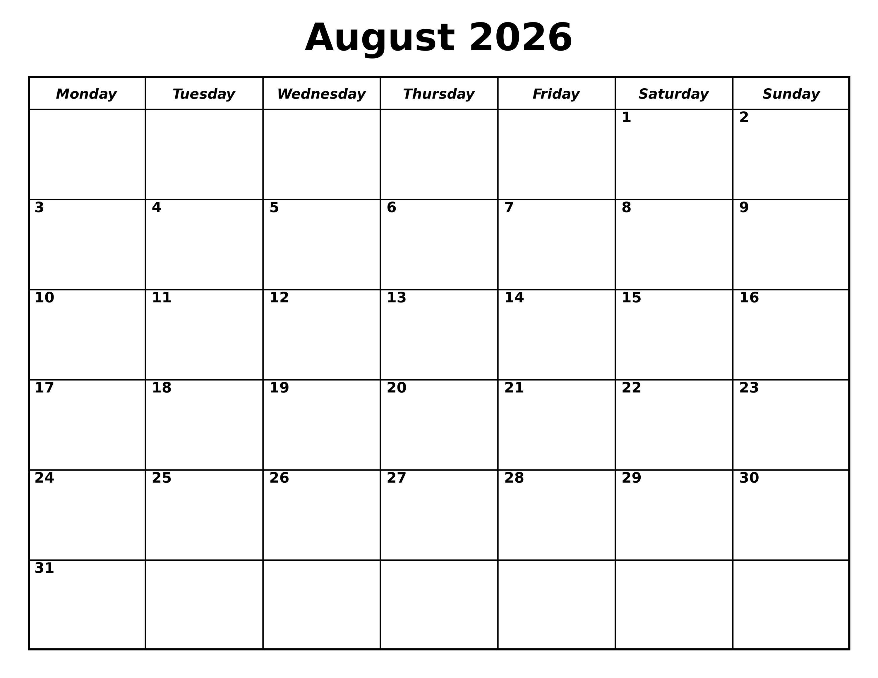 August 2026 Calendar Printable, Editable Monthly Planner, Sunday/monday