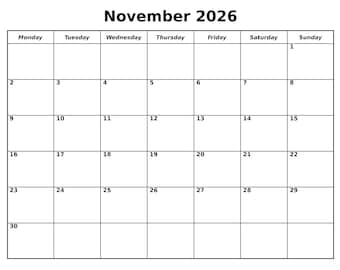 November 2026 Calendar Printable, Editable Monthly Planner, Sunday/Monday Start (Clutter Free PDF Download)