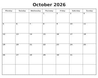 October 2026 Calendar Printable, Editable Monthly Planner, Sunday/Monday Start (Clutter Free PDF Download)