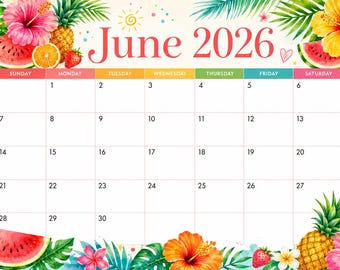 June 2026 Tropical Calendar Printable, Sunday Start Monthly Planner, Summer Beach Wall Calendar, Instant Download