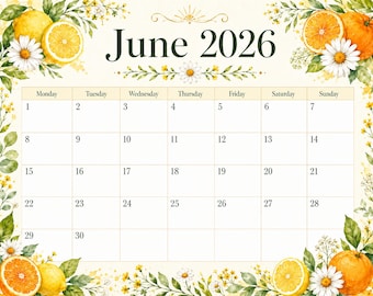 June 2026 Floral Citrus Calendar Printable, Monday Start Monthly Planner, Summer Wall Calendar, Instant PDF Download