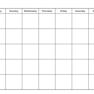 May include: A blank weekly calendar grid with seven columns labeled Monday through Sunday. The grid is divided into five rows, creating a space for daily entries. The calendar is designed for scheduling and planning.