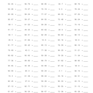 100 utskrivbara subtraktionsarbetsblad i PDF-format för grundläggande övning i subtraktionsfakta | Enkla mattearbetsblad, digital kopia