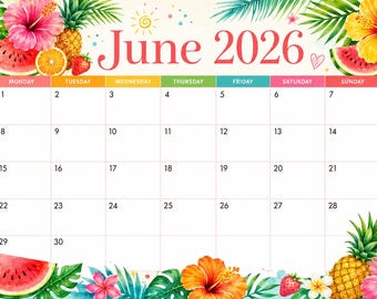 June 2026 Tropical Calendar Printable, Monday Start Monthly Planner, Summer Beach Calendar, Digital Download