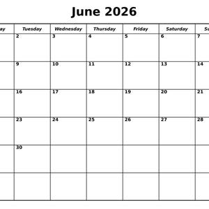 Può includere: Un calendario vuoto per giugno 2026, con i giorni della settimana in alto e le date numerate in una griglia. Il mese e l'anno sono visualizzati in alto.