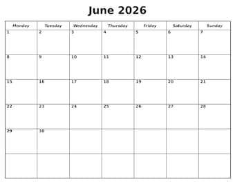 June 2026 Calendar Printable, Editable Monthly Planner, Sunday/Monday Start (Clutter Free PDF Download)