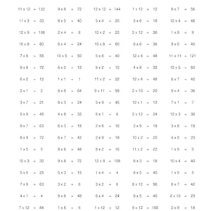 Op de afbeelding: Een zwart-wit werkblad met de titel "Answer Key" met vermenigvuldigingsproblemen en hun oplossingen. De pagina staat vol met vergelijkingen zoals 7 x 10 = 70 en 1 x 11 = 11.