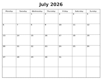 July 2026 Calendar Printable, Editable Monthly Planner, Sunday/Monday Start (Clutter Free PDF Download)