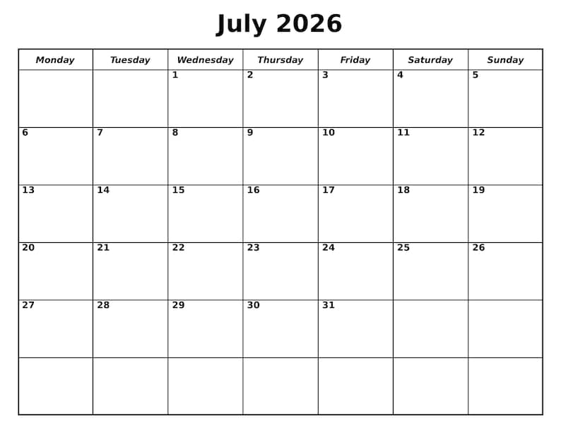 June July Rota July 2026 Calendar Printable, Editable Monthly Planner, Sunday/monday ...