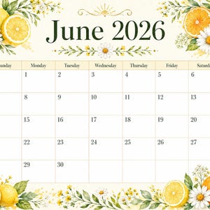 Peut inclure: Une page de calendrier de juin 2026 de style aquarelle, avec un fond beige clair et une bordure florale et fruitée. La bordure comprend des citrons, des oranges, des marguerites et de la verdure. La grille du calendrier est simple.