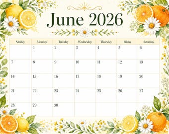 June 2026 Floral Citrus Calendar Printable, Sunday Start Monthly Planner, Summer Wall Calendar, Digital Download