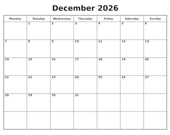 December 2026 Calendar Printable, Editable Monthly Planner, Sunday/Monday Start (Clutter Free PDF Download)