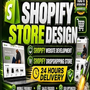 Könnte beinhalten: Eine digitale Grafik, die Shopify-Store-Design-Dienstleistungen bewirbt. Das Bild zeigt einen Laptop und ein Smartphone, die eine Website, eine Einkaufstasche und eine Rakete anzeigen. Der Text enthält "Shopify Store Design", "24 Hours Delivery" und "Message Before Order."