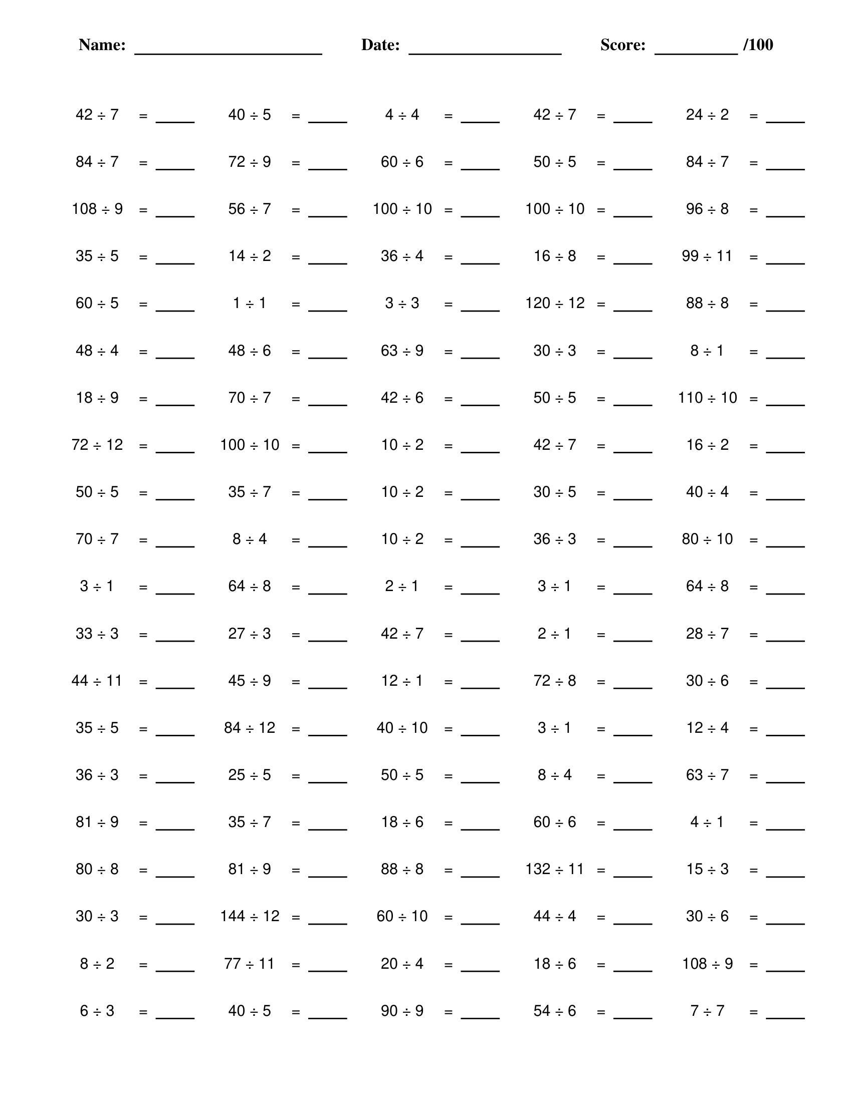 100 Printable Division Worksheets PDF for Basic Division Facts Practice ...
