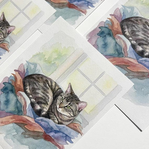 A6 Cozy Cat Postcard, 250gsm Watercolor Tabby Cat Art Print, Sleeping Cat on Blankets Illustration, Cozy Bedroom Cottagecore Card