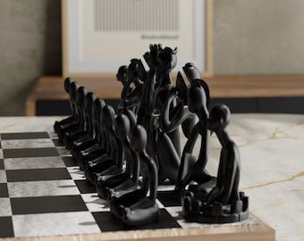Minimalist Abstract Chess Set – Modern Sculptural Chess Piece, Black or White Set or Full Set, Standard Size Decorative Chess for Home Decor
