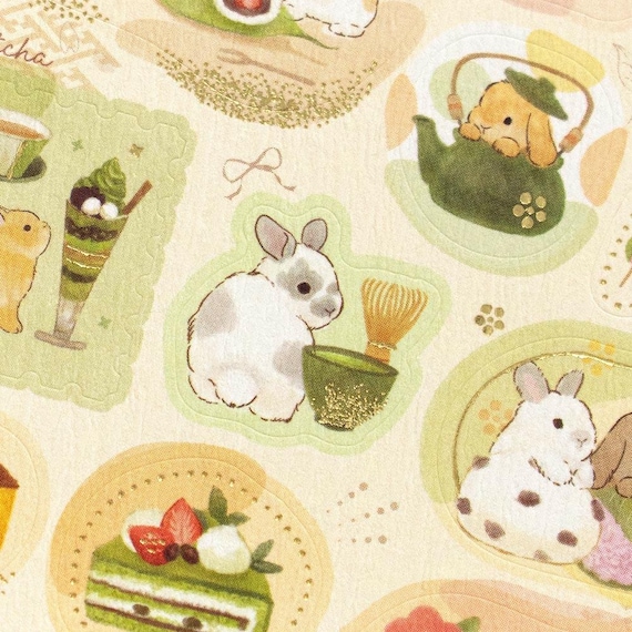 Kawaii Rabbit Stickers Japanese, Bunny Matcha Tea Sweets Sticker Sheet, Cute Food Planner Stickers for Journal Laptop Bottle