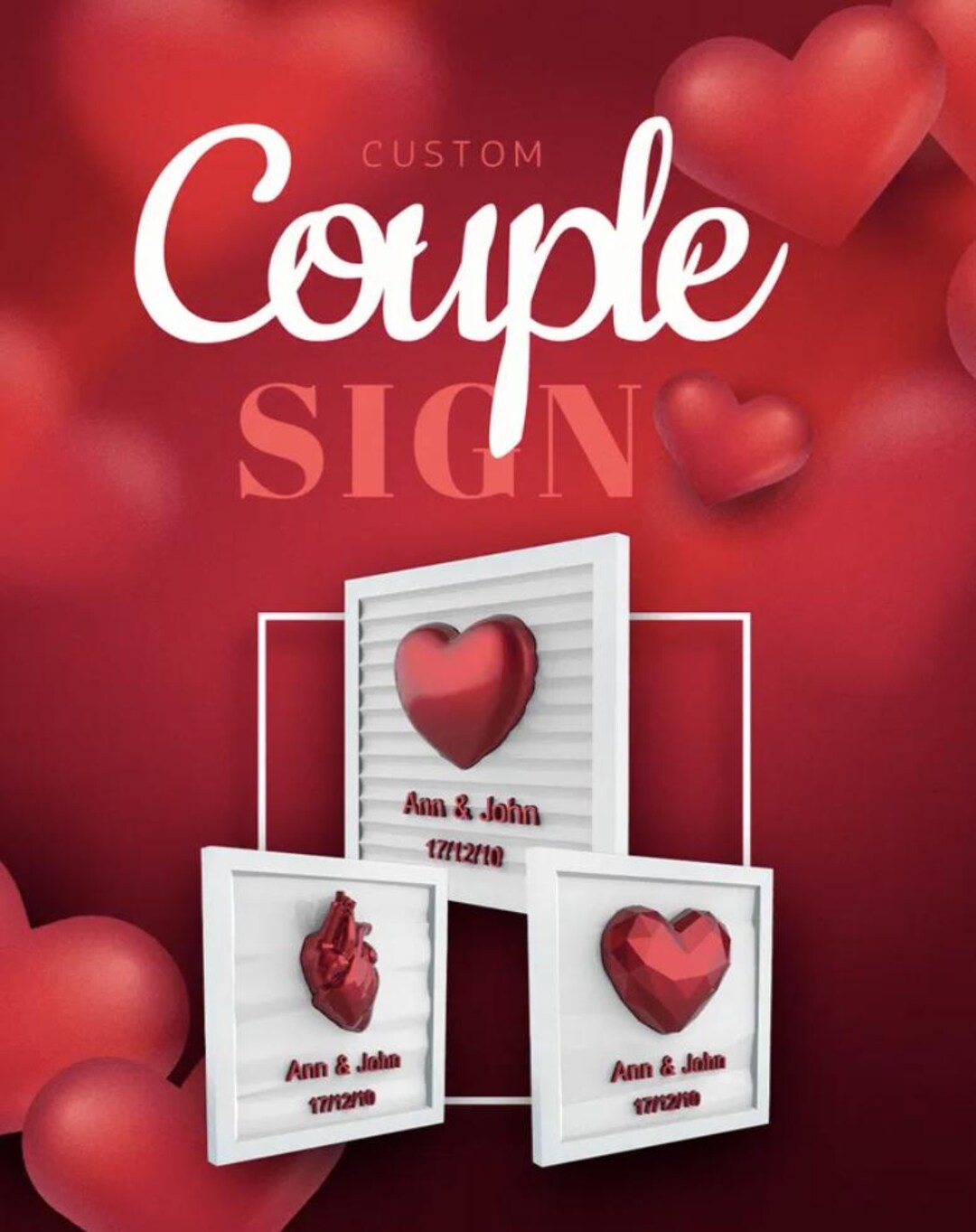 Custom 3D Couple Heart Sign – Personalized Names and Date Wall Art ...