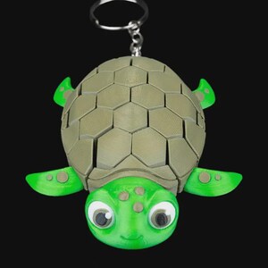 May include: A green and tan turtle keychain. The turtle has a segmented, hexagonal shell and a smiling face with large, white-rimmed eyes. The flippers and head are bright green. A silver key ring is attached to the top.