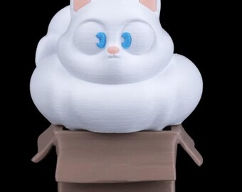 Cat in a box 3D print, cute white cat figurine, kawaii cat desk decor, anime cat figure, cat lover gift, 3D printed cat with cardboard box