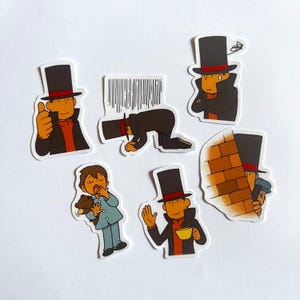 Könnte beinhalten: Eine Sammlung von Aufklebern mit einem Cartoon-Charakter mit Zylinder und Mantel. Die Aufkleber zeigen die Figur in verschiedenen Posen, darunter Daumen hoch, Verstecken hinter einer Backsteinmauer und Halten einer Tasse.