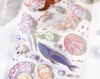 Ocean Holographic Sticker Sheet – 3 Pc Under the Sea Jellyfish and Shell Sticker with Colorful Foil for Journaling, Scrapbooking and Planner