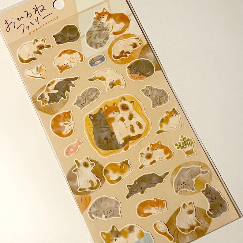 Cat Stickers Sheet, Kawaii Sleeping Cat Planner Stickers, Japanese Napping Cat Stationery, Cute Kitten Journal Stickers, Bullet Journal image 1