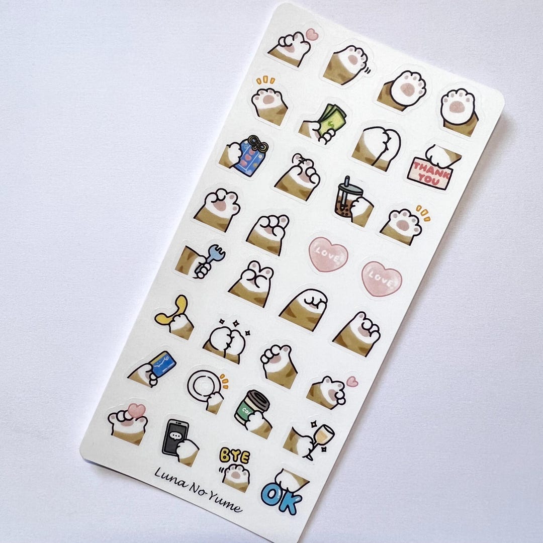 Kawaii Cat Paw Emoji Sticker Sheet – Cute Paw Print Planner Stickers ...