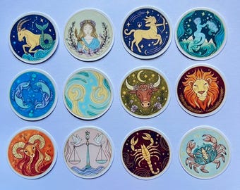 Zodiac Circle Sticker Set, 12 Astrology Sign Stickers, Individual Horoscope Stickers & Full Set, Kawaii Celestial Art for Journals Planner