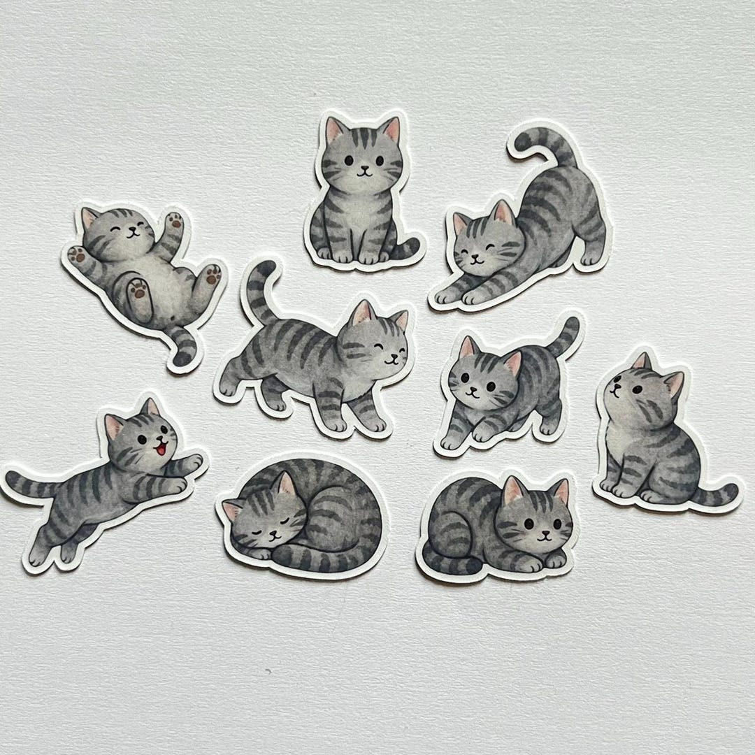 Cute Gray Tabby Cat Stickers, 9 Die Cut Matte Laminated Silver Kitty ...