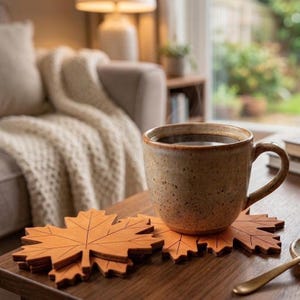 Könnte beinhalten: Ein gesprenkelter beiger Keramikbecher mit dunklem Kaffee steht auf einem Stapel hellbrauner Holzuntersetzer in Ahornblattform. Die Untersetzer weisen eingravierte Blattadern auf und sind auf einer dunklen Holzoberfläche platziert.