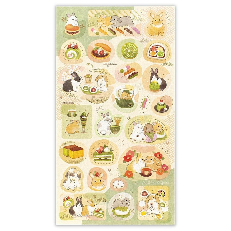 May include: A sticker sheet featuring various illustrations of rabbits with Japanese sweets and matcha. The designs include bunnies with mochi, tea, and desserts, in a soft, pastel color palette. The word "wagashi" is visible.