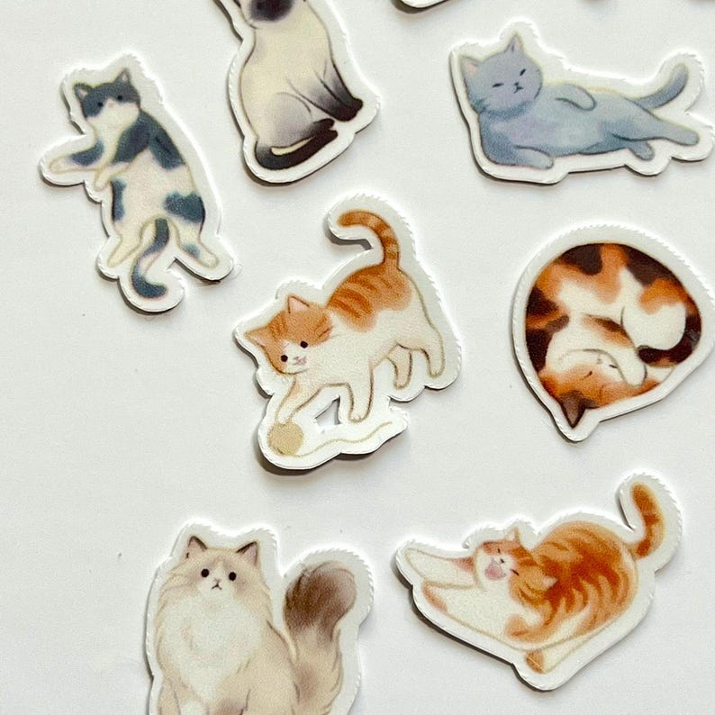May include: A collection of seven die-cut stickers featuring various cat illustrations, including a grey cat, a Siamese cat, a calico cat curled in a circle, an orange tabby playing with yarn, a long-haired cream cat, and a stretching orange tabby.