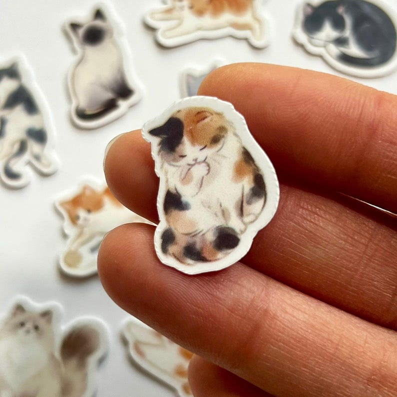 May include: A small die-cut sticker featuring a calico cat with black, orange, and white fur, depicted in a sitting position while grooming its paw. The sticker has a white border and is shown against a background of other cat stickers.