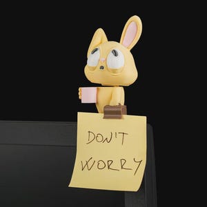 May include: A yellow rabbit-like character figurine with large eyes and pink inner ears, holding a small pink cup. The figure features a brown clip attachment holding a yellow square note with the handwritten black text "DON'T WORRY" displayed clearly.