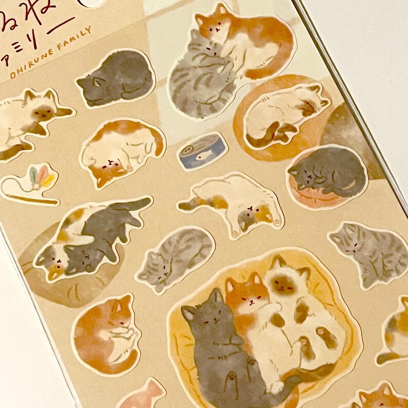 Cat Stickers Sheet, Kawaii Sleeping Cat Planner Stickers, Japanese Napping Cat Stationery, Cute Kitten Journal Stickers, Bullet Journal image 2