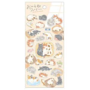 May include: A sheet of stickers featuring various watercolor illustrations of cats in different poses. The stickers include cats in shades of gray, orange, white, and black. The text "OHIRUNE FAMILY" is at the top.