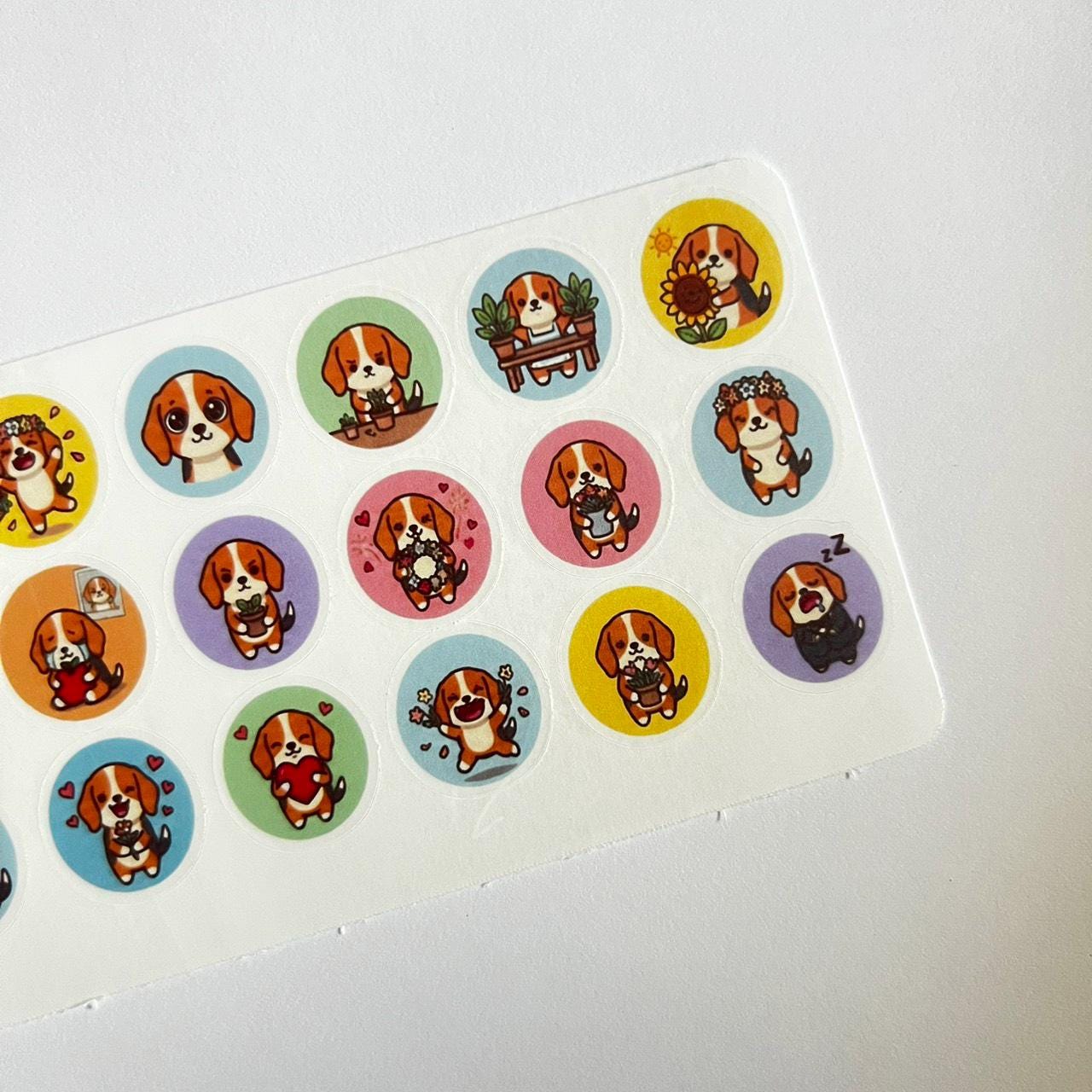 Kawaii Beagle Sticker Sheet, Cute Beagle Dog Circle Stickers, Mini ...
