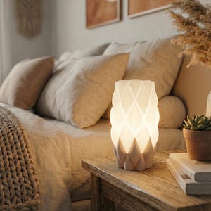 May include: A white, geometric-patterned lamp illuminates a bedroom scene. The lamp sits on a rustic wooden nightstand next to a small potted succulent and a stack of books. The bed is covered with neutral-toned linens and pillows.