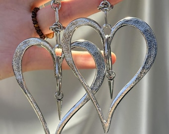 Extra Große Metall Herz Ohrringe, Punk Spike Titan Stahl Halskette, Y2K Schmuck Set