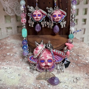 Handmade Pastel Goth Jewelry Set, Pink Gothic Necklace, Dollcore Y2K Earrings, Alternative Gothic Accessories image 1