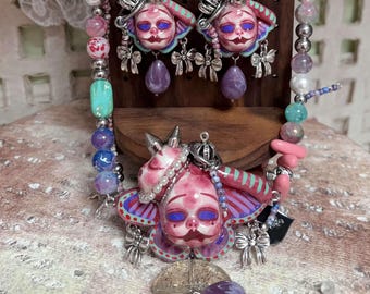 Handmade Pastel Goth Jewelry Set, Pink Gothic Necklace, Dollcore Y2K Earrings, Alternative Gothic Accessories