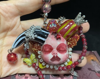 Handmade Red Clown Necklace, Carnival Circus Jewelry, Gothic Necklace, Jester Bag Charm, Cosplay Accessories
