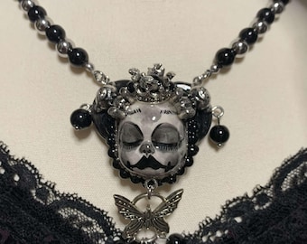 Handmade Black & Red Gothic Necklace, Creepy Skull Butterfly Necklace, Cosplay Accessory, Goth Birthday Gifts