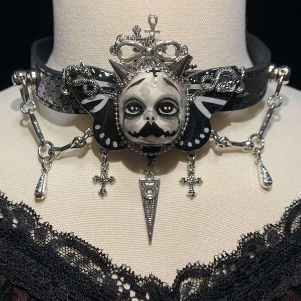 Creepy Gothic Choker Necklace, Handmade Alt Jewelry, Dollcore PU Leather Choker, Goth Birthday Gift