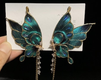 Pendientes góticos de mariposa hechos a mano, broche para el cuello, pinza para el cabello con alas de ángel, joyería de hadas para bodas