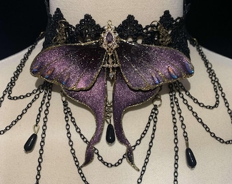 Purple Moth Choker Necklace, Gothic Fairycore Jewelry, Dark Fantasy Lace Choker, Ren Faire Accessory