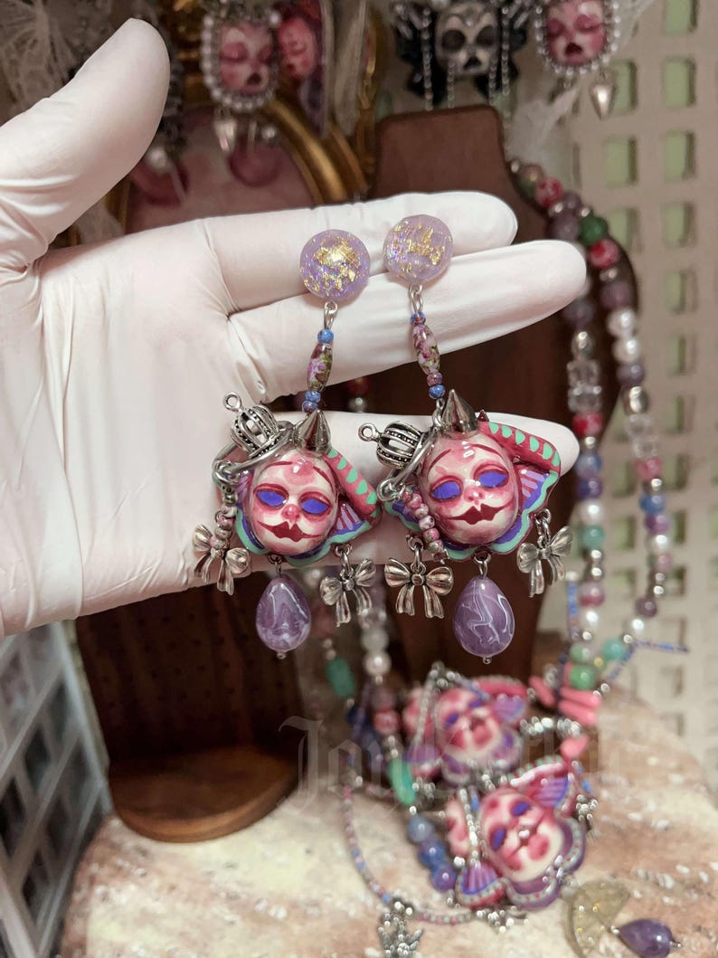 Handmade Pastel Goth Jewelry Set, Pink Gothic Necklace, Dollcore Y2K Earrings, Alternative Gothic Accessories image 10
