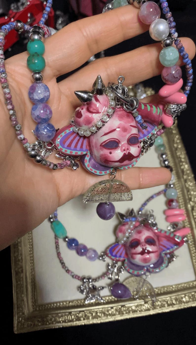 Handmade Pastel Goth Jewelry Set, Pink Gothic Necklace, Dollcore Y2K Earrings, Alternative Gothic Accessories image 15