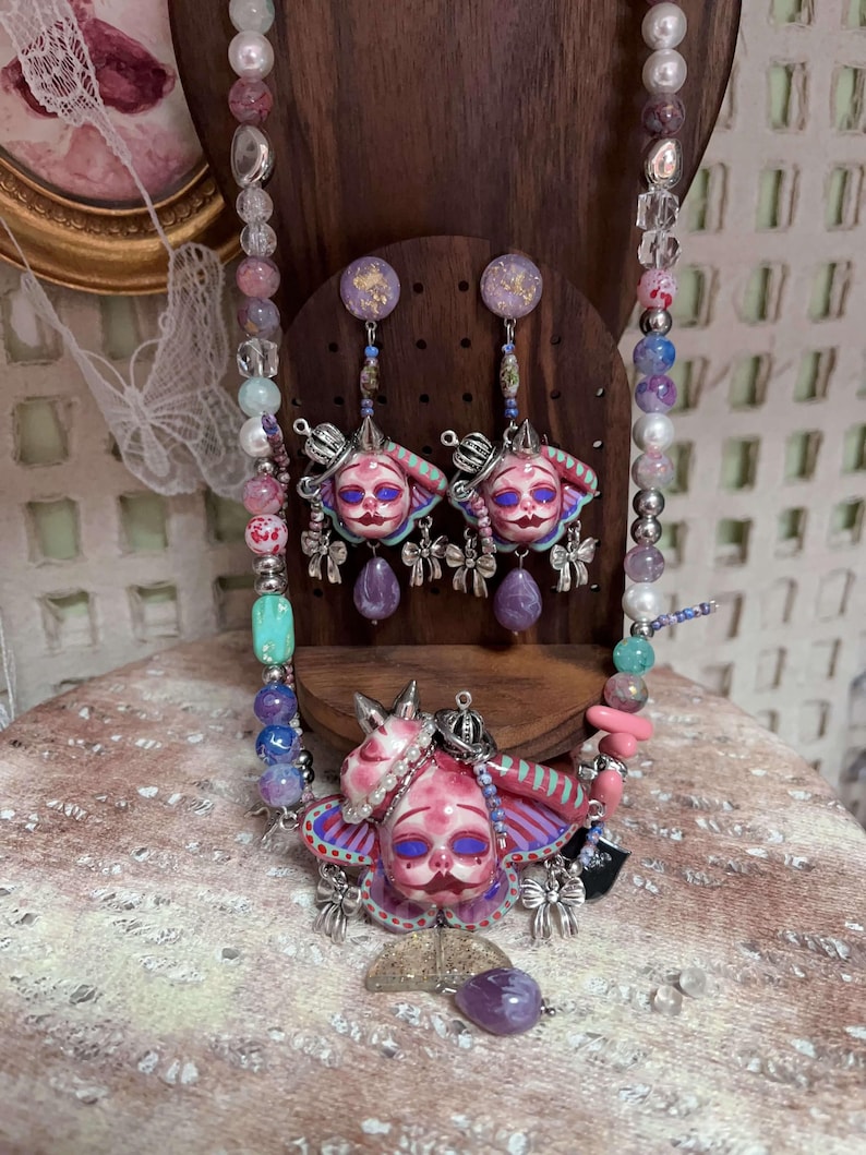 Handmade Pastel Goth Jewelry Set, Pink Gothic Necklace, Dollcore Y2K Earrings, Alternative Gothic Accessories image 1